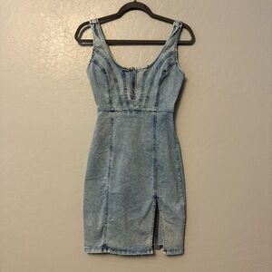 Guess y2k acid wash denim bustier front slit bodycon sleeveless dress small